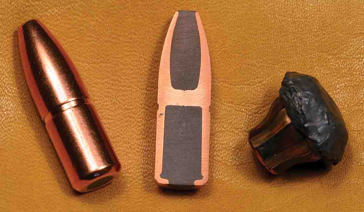 A sectioned 300-grain .375 A-Frame is shown with a bullet recovered from a penetration box. The bullet’s structure incorporates the principle of a solid wall of copper in the center combined with bonding of the lead core to the copper jacket.
